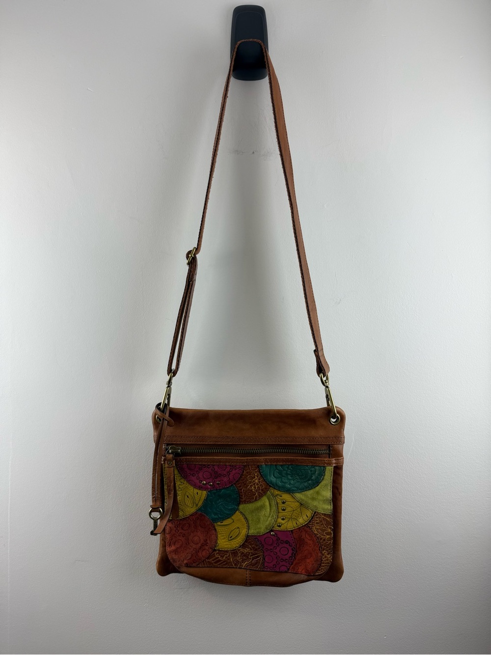 Fossil Genuine Leather Scalloped Patchwork Crossbody Bag Vintage Boho